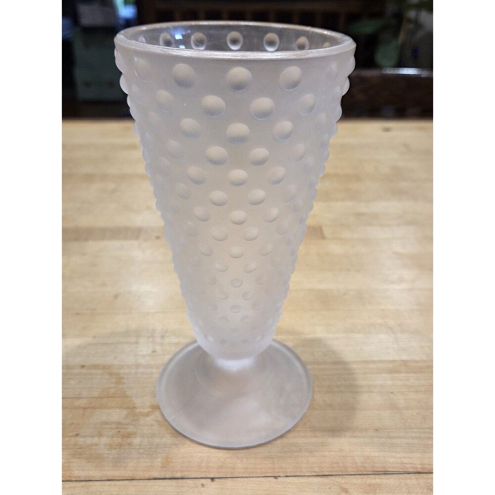 Vintage Indiana Glass Clear Satin Frosted Hobnail Footed Tumbler Vase 8 in